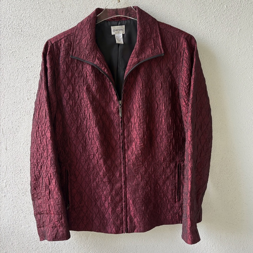 Chico's Quilted Burgundy Zip-Front Blazer Jacket